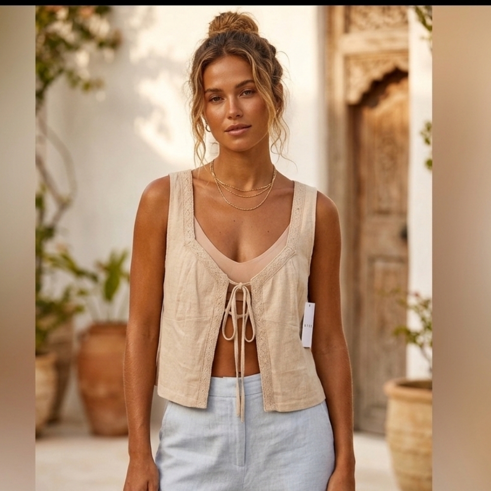 NWT HYFVE Beige/Tan Tie-Front Linen Blend Vest - Sz Medium & Large